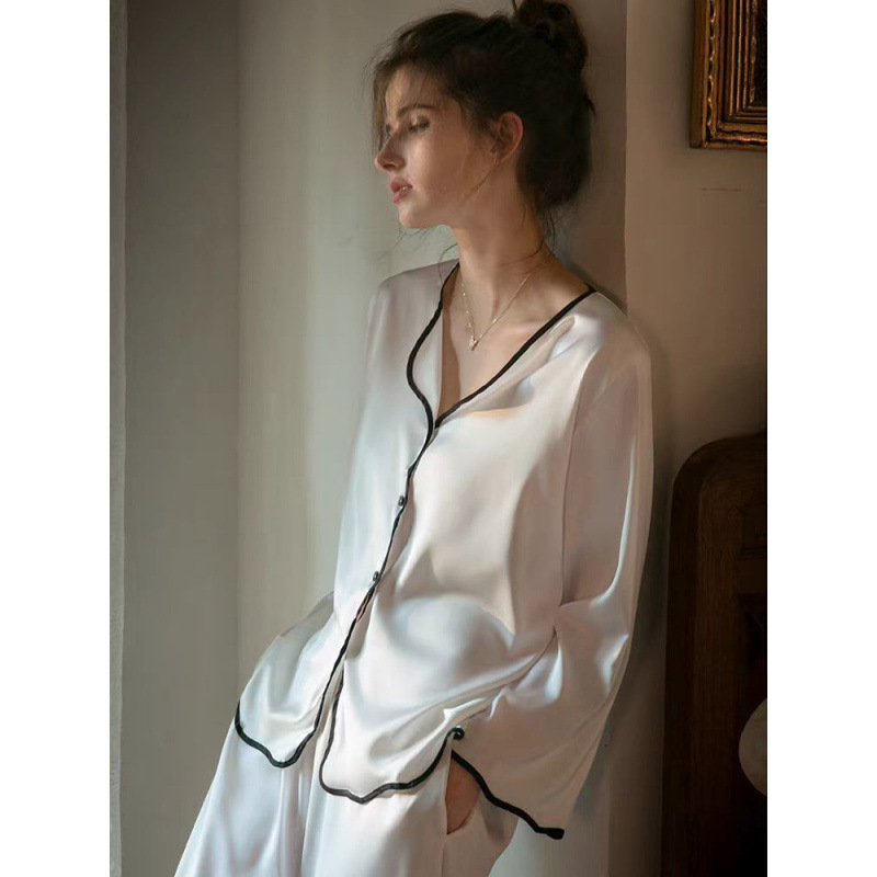 9송이 꽃 고급 멀버리 실크 잠옷, 심플하고 얇은, 야외에서 착용 가능한 캐주얼 홈웨어 여성용 투피스 슈트