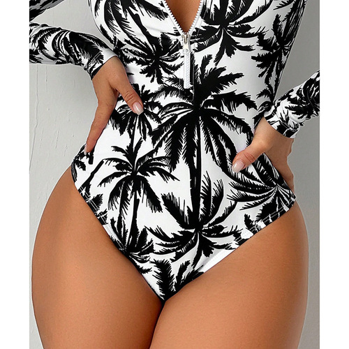 2024 New European and American Printed Long-sleeved One-piece Swimsuit Women's Zipper Conservative Belly Covering Bikini Beach Swimming Suit 