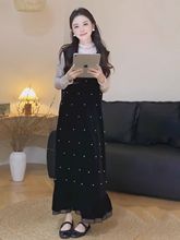 大方得体穿搭一整套女巨好看的秋装长裙两件套丝绒无袖连衣裙套装