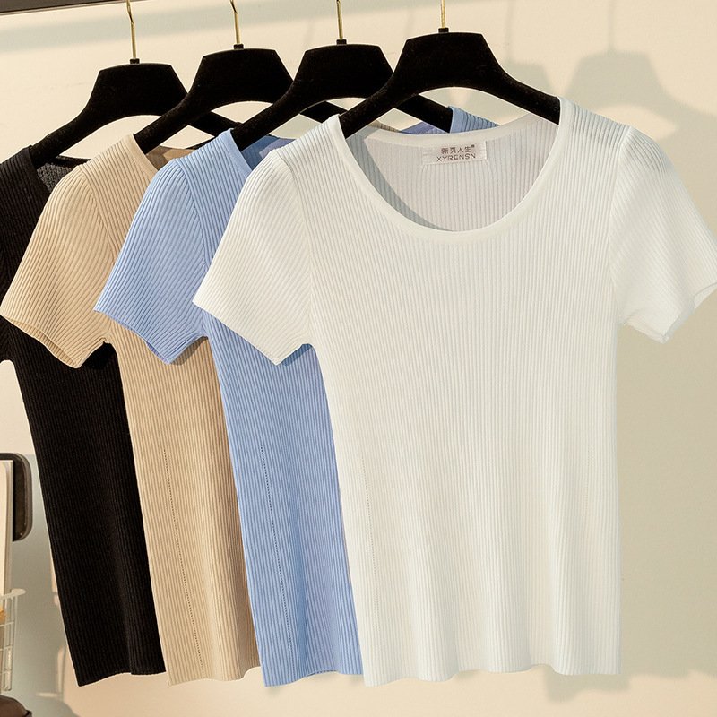 With the inside of the suit jacket with the base ice silk sweater slim solid color short sleeve T-shirt women's sweater thin
