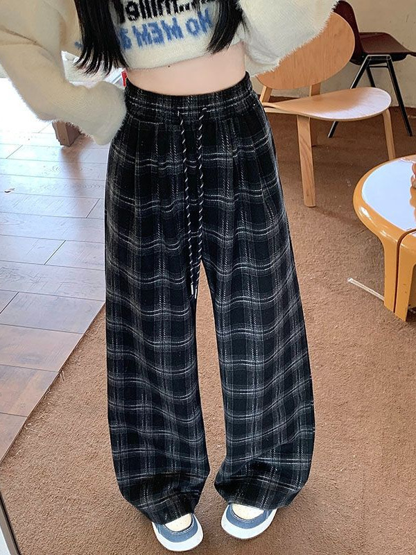 新款复古格子裤女2025春秋休闲高腰百搭直筒宽松拖地格纹阔腿裤子|undefined