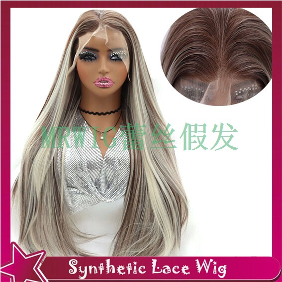 Cross-Border European and American Women's Wig Brown Hair Root Straight Hair Front Lace Full Wig 13*6 Large Lace Free Parting Straight