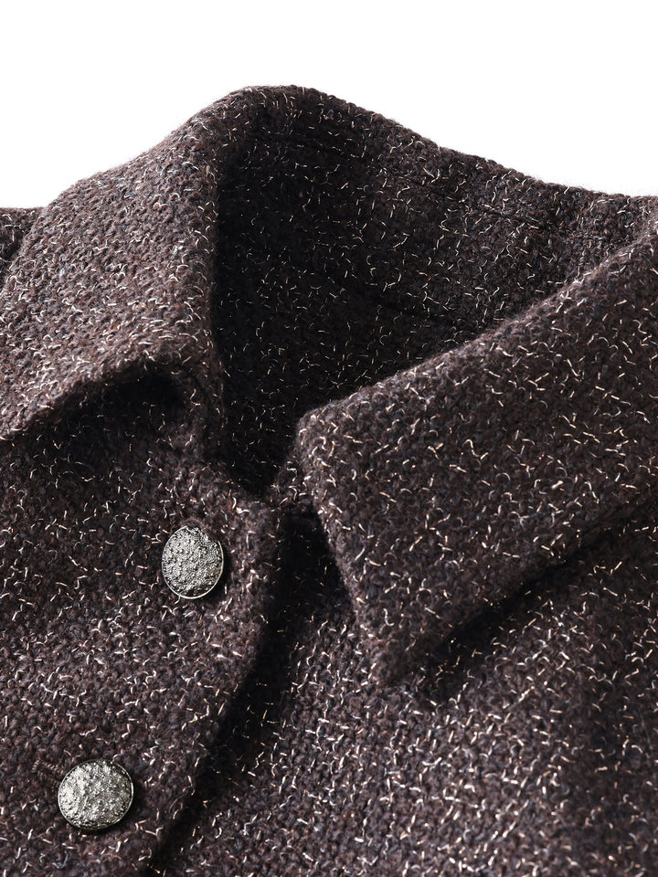 Áo khoác nữ dáng ngắn dạ tweed len có thắt lưng kiểu sơ mi chiết eo — Màu đỏ rượu Port