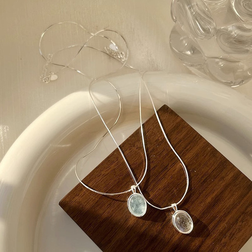 Aquamarine moonstone necklace women's niche design high-end oval pendant light luxury fashion snake bone chain new trend