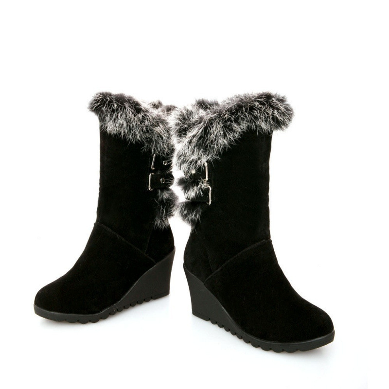 Wedge-Heeled Furry Cotton Boots, Rabbit Fur Wedge-Heeled Mid-Calf Boots, Thickened Warm Winter Boots for Women 528 Wedge-Heeled Furry Cotton Boots, Rabbit Fur Wedge-Heeled Mid-Calf Boots, Thickened Warm Winter Boots for Women 528