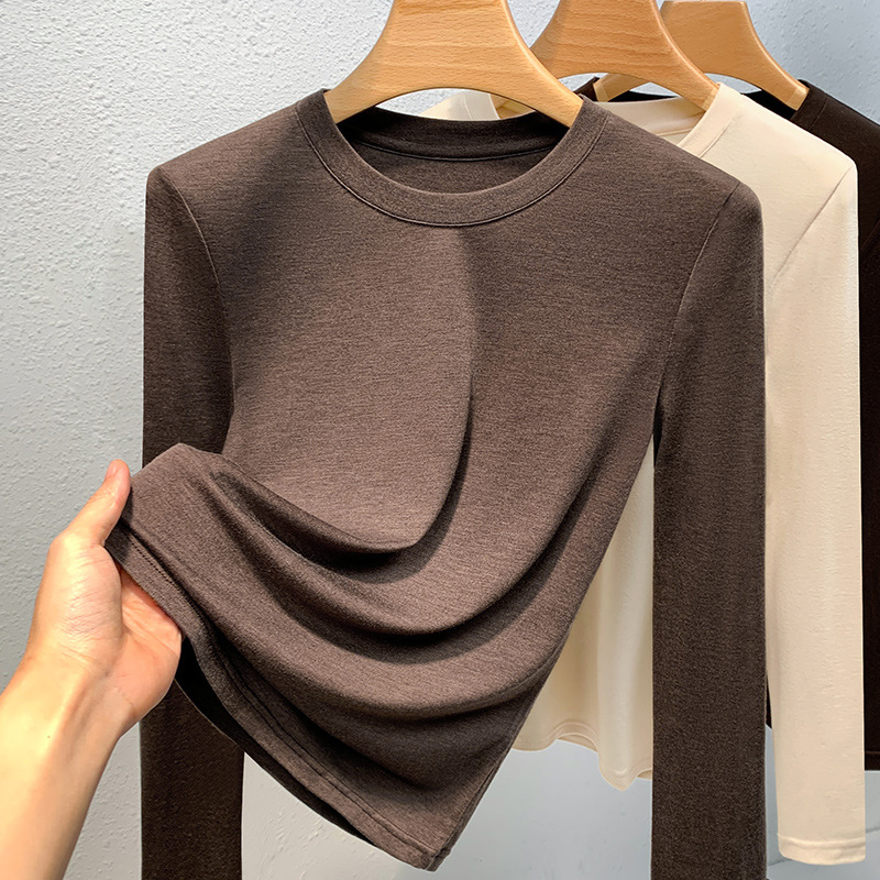 De terciopelo camisa de fondo para las mujeres 2023 nuevas color sólido cuello redondo aminoácidos piel inferior ropa caliente calefacción interior superior