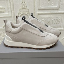 欧美冬季BC女士时尚百搭系带麂皮羊羔毛串珠链保暖厚底休闲运动鞋