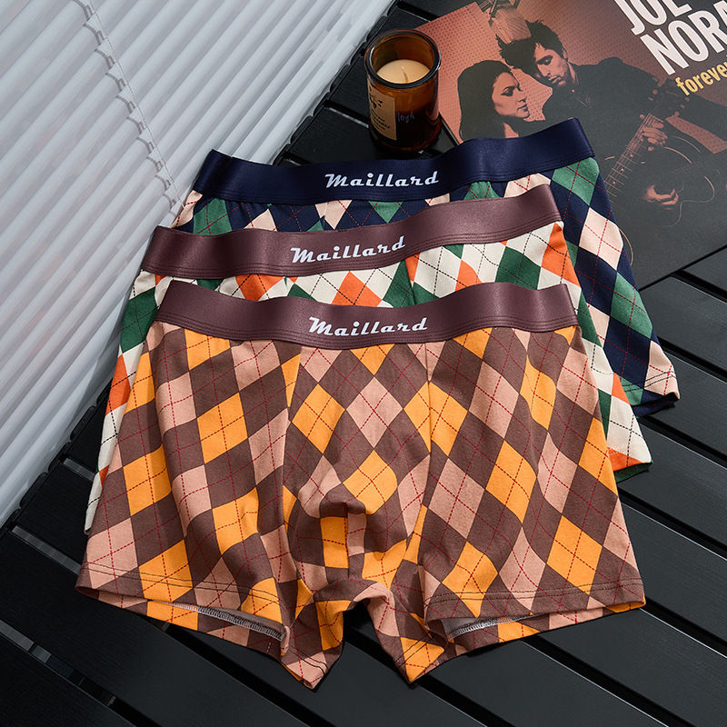 Diamond-Shaped Soft and Comfortable Men's Underwear Pure Cotton Printed Four-Corner Antibacterial Personalized Trendy Boxer Briefs for Boyfriend