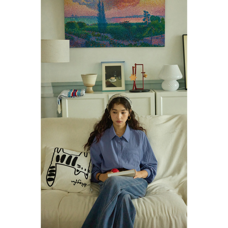 solighter法式复古莱赛尔蓝色长袖衬衫女秋季|undefined