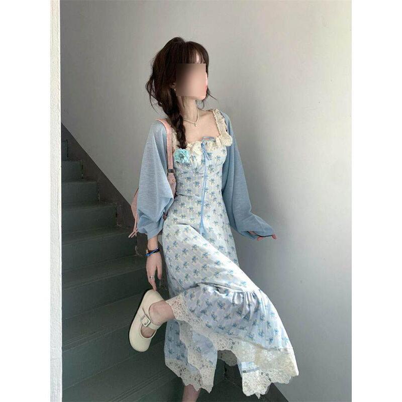 Korean Style Gentle Style Waist Slimming Doll Collar Floral Dress with Blue Shawl Cardigan Two-Piece Suit for Women