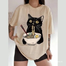 【欧码】青少年女孩黑猫拉面面条印花T恤/宽松休闲款180g