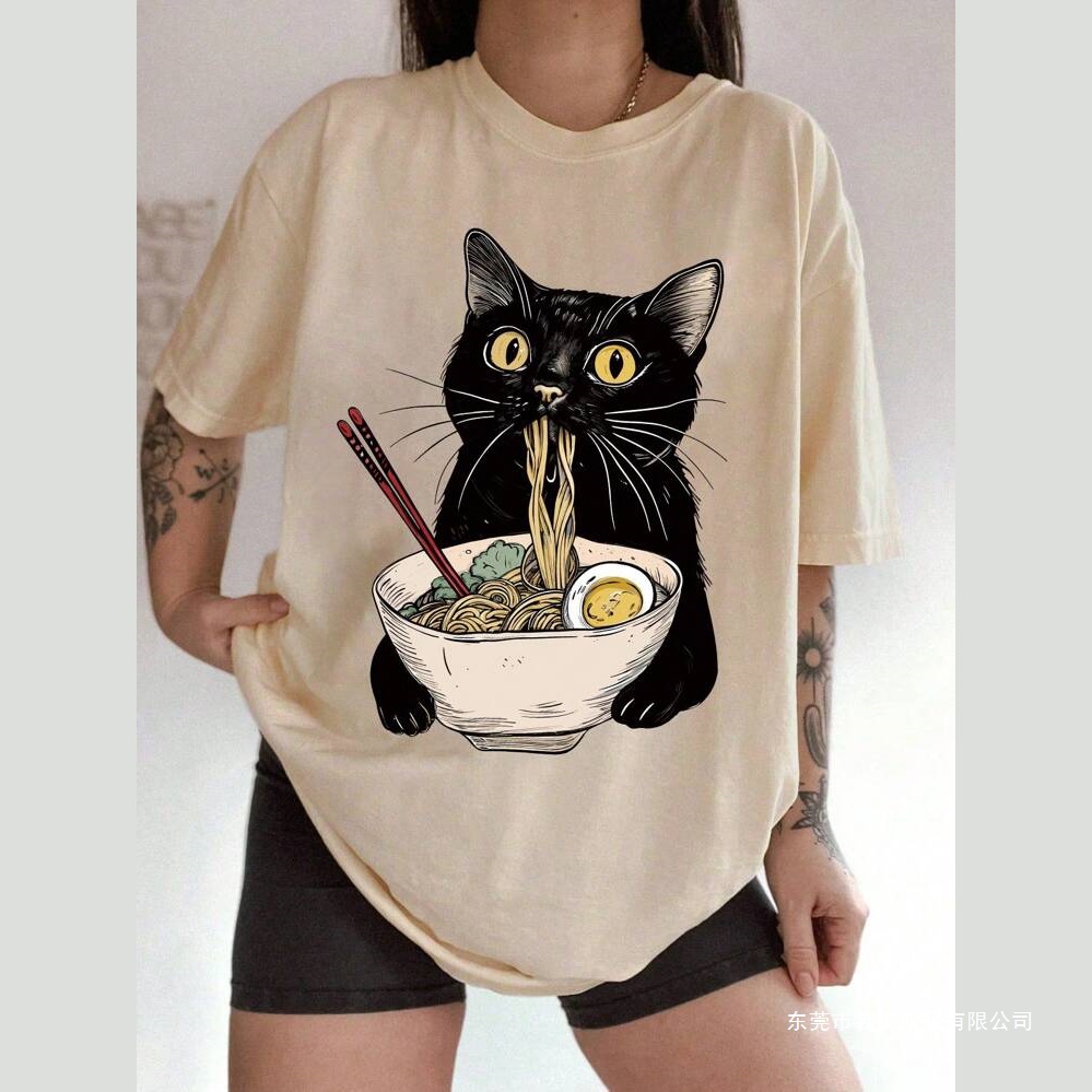 【欧码】青少年女孩黑猫拉面面条印花T恤/宽松休闲款180g