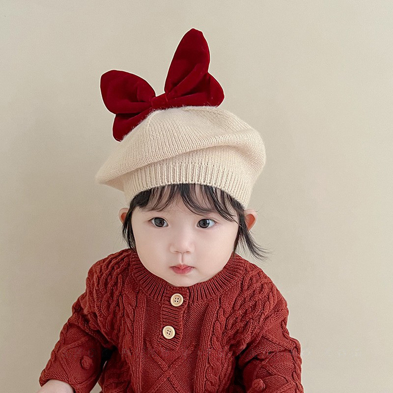 Sombrero de bebé invierno / otoño lana boina arco coreano para bebés mujeres de punto octogonal sombrero de calabaza