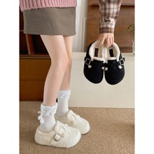 白色复古防滑厚底毛毛拖鞋女冬外穿2025新款加绒保暖勃肯棉拖鞋子