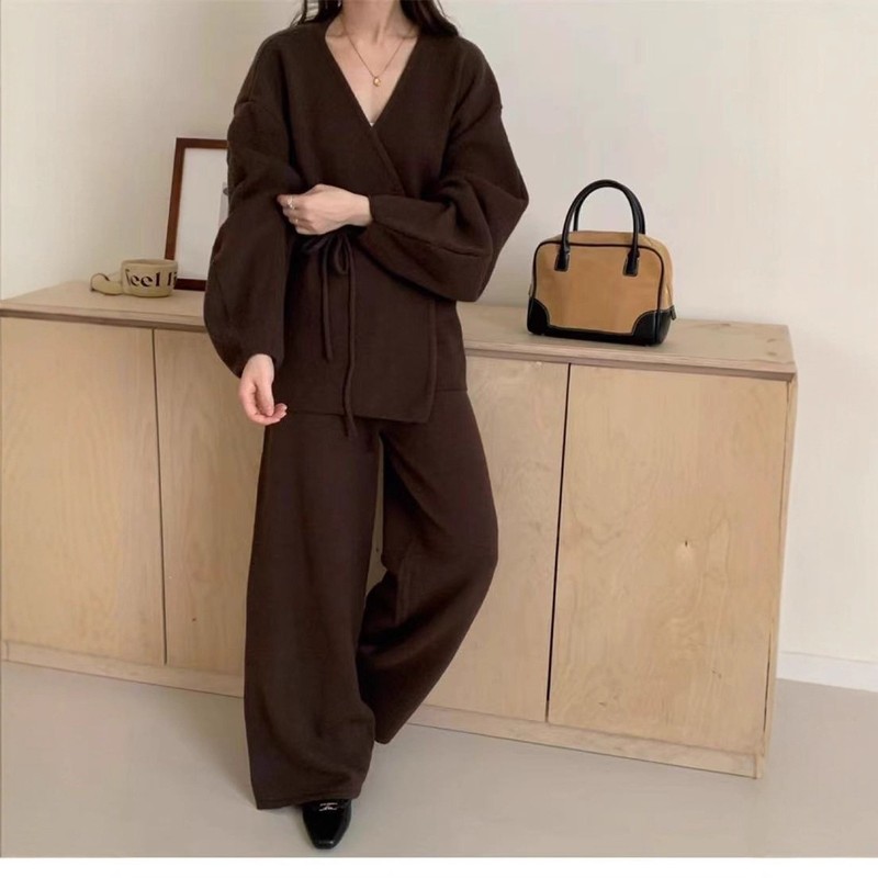 2025 Autumn and Winter New Fashion American Retro Lazy Style Knitted Suit Women's Cardigan Jacket Wide-Leg Pants Two-Piece Set