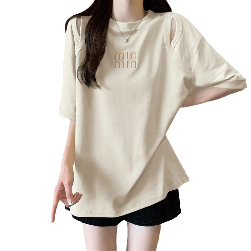 Camiseta de manga corta con hueco para mujer Verano nuevo estilo coreano diseño de longitud media camisa de fondo más tamaño que adelgaza la parte superior bordada