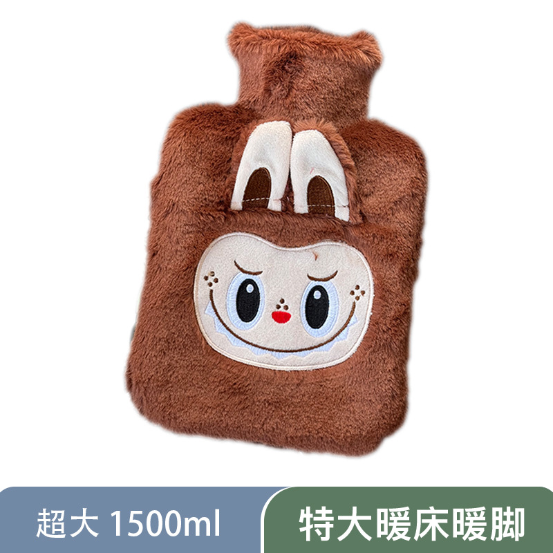 [1500ML 다크브라운丨플러시 자수] 라부부 사각 뜨거운 물병