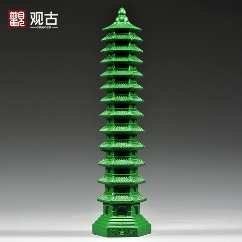 Green Wood Carved 13-Layer Wenchang Tower Ornament, Wood Wenchang Tower with 13 Layers, Home Living Room Office Decor