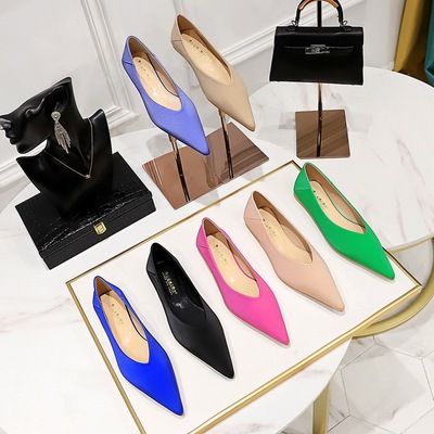 2873-2 Korean Fashion Candy Color Sweet Women&apos;s Shoes Comfortable and Simple Flat Bottom Satin Light Mouth Pointed 