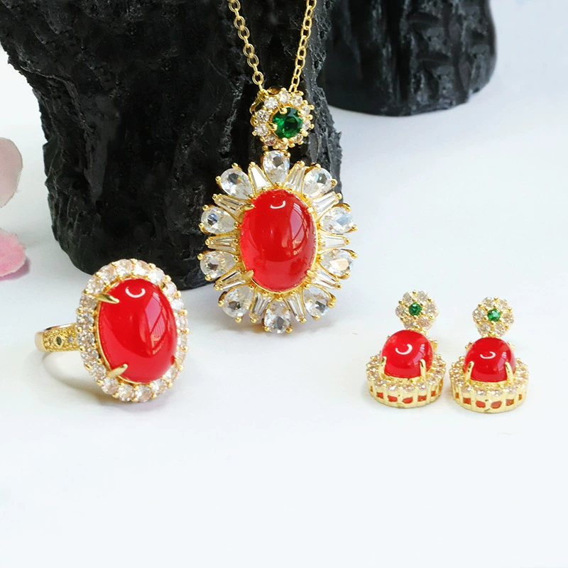 Yiyu натуральный красный агат набор подвесок из трех частей серьги кольцо халцедон набор оптом для волос MN3121205