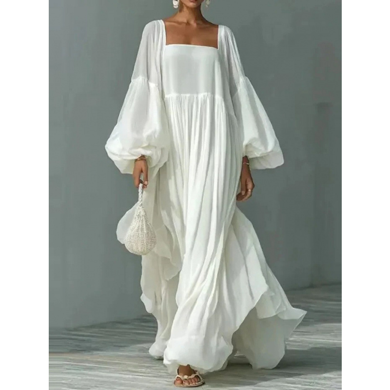 New European and American Cross-Border Style High-End Loose-Fitting Slimming and Flowing Long Vacation-Style Dress with Square Neck and Lantern Sleeves