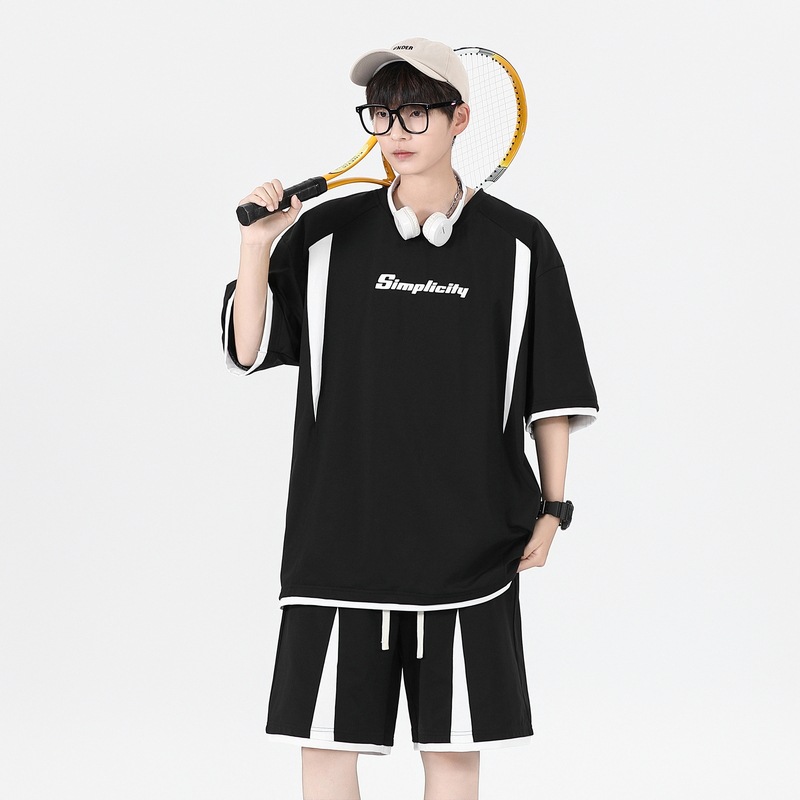 Traje deportivo casual suelto de verano para adolescentes de dos piezas de pantalones cortos de manga corta de moda guapos sueltos