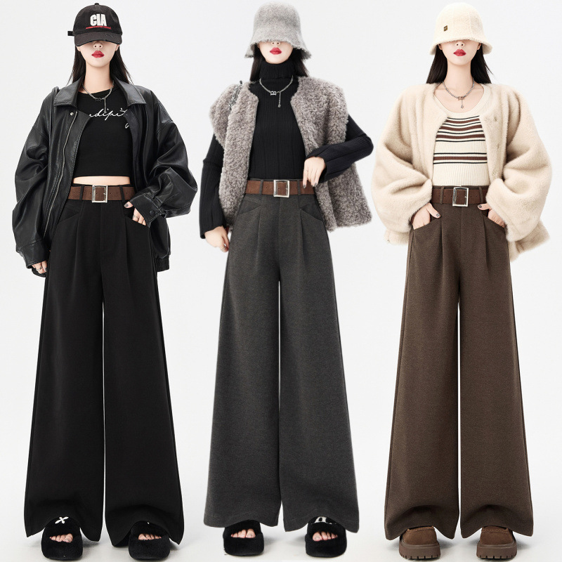 韩国灰色毛呢西装裤女2025秋冬新款宽松显瘦垂感加厚拖地阔腿长裤