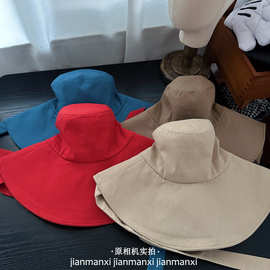 日系纯色大檐系绳渔夫帽女春夏可折叠太阳帽防晒遮阳帽韩版百搭帽