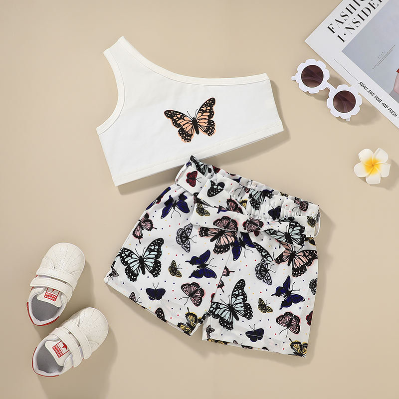 2021 European And American Shorts Two-piece Set Girls Fashion Butterfly Floral-print Off-shoulder Top Suit Children's Summer Clothing display picture 3