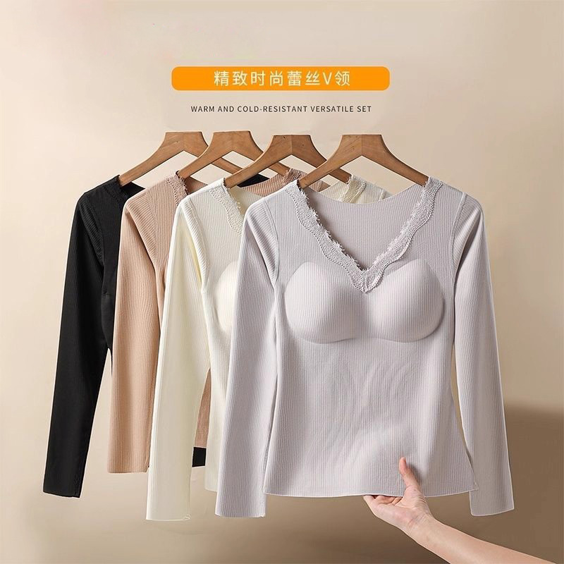 New Slim-Fitting Thermal Underwear for Women, Lace Thickened Heating Versatile Bottoming Shirt, Women's Thermal Top