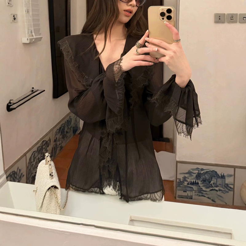 French Lace V-Neck Chiffon Shirt for Women, Spring and Summer Textured Ruffled Blouse French Lace V-Neck Chiffon Shirt for Women, Spring and Summer Textured Ruffled Blouse