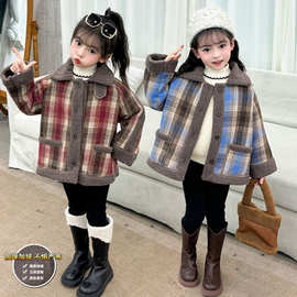 女童外套洋气格子上衣新款加厚儿童上衣冬季外穿棉衣加绒加厚外套