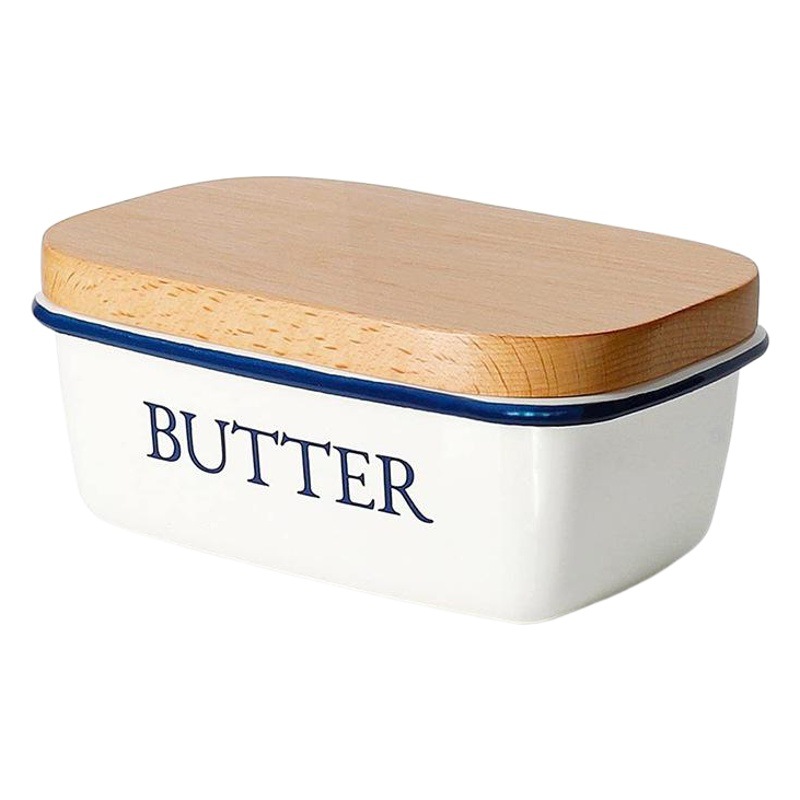 Caja de almacenamiento de esmalte de cocina de estilo occidental con tapa de madera caja de mantequilla de esmalte cuadrado Caja de mantequilla caja de esmalte de almacenamiento en stock