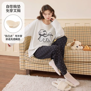 带胸垫睡衣女春秋季长袖长裤两件套卡通慵懒风秋冬款可外穿家居服
