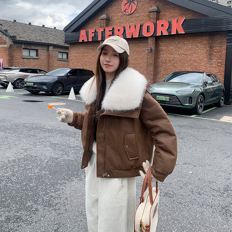 新款鹿皮绒大毛领棉外套女短款气质宽松小个子pu棉服冬季羽绒棉衣