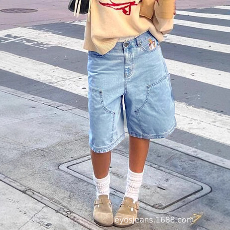 European and American Women's Street Style Denim Shorts Light Color Washed Casual Knee Length Jeans with Pockets Fashion