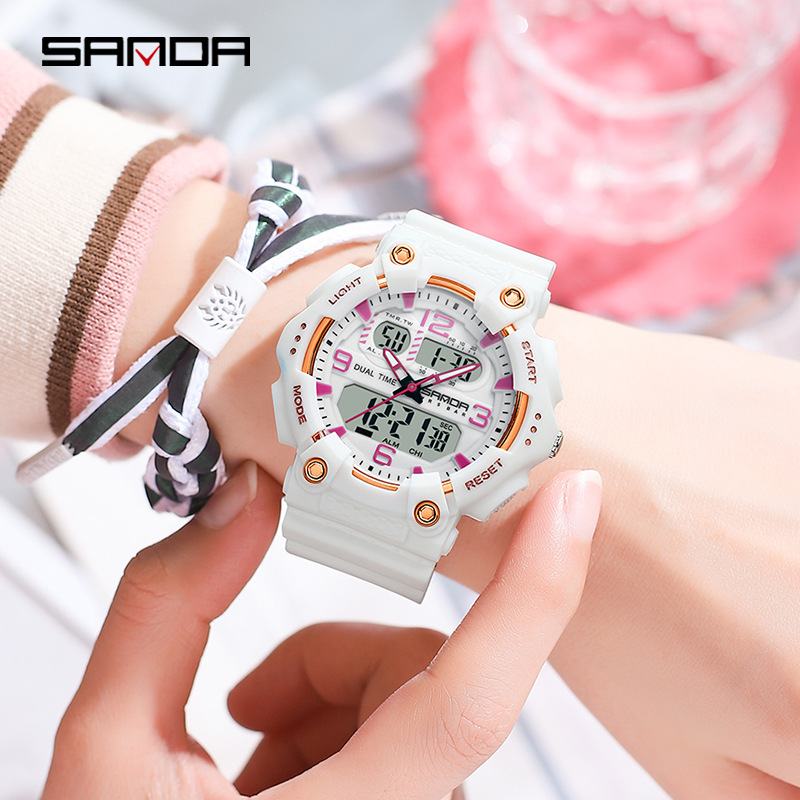 SANDA reloj juvenil de moda color contraste doble pantalla reloj multifuncional para hombres y mujeres estudiantes reloj electrónico de luz nocturna