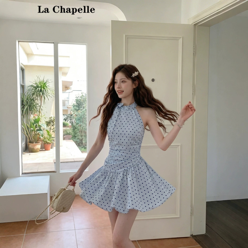 This Year's Super Stylish Blue Polka Dot Halter Neck Dress for Women, 2026 Summer Elegant Beach Vacation Floral Short Dress