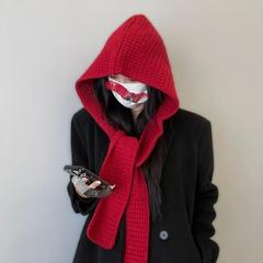 韩版披肩帽子围巾一体两件套纯色保暖秋冬季两用针织拉法是时尚帽