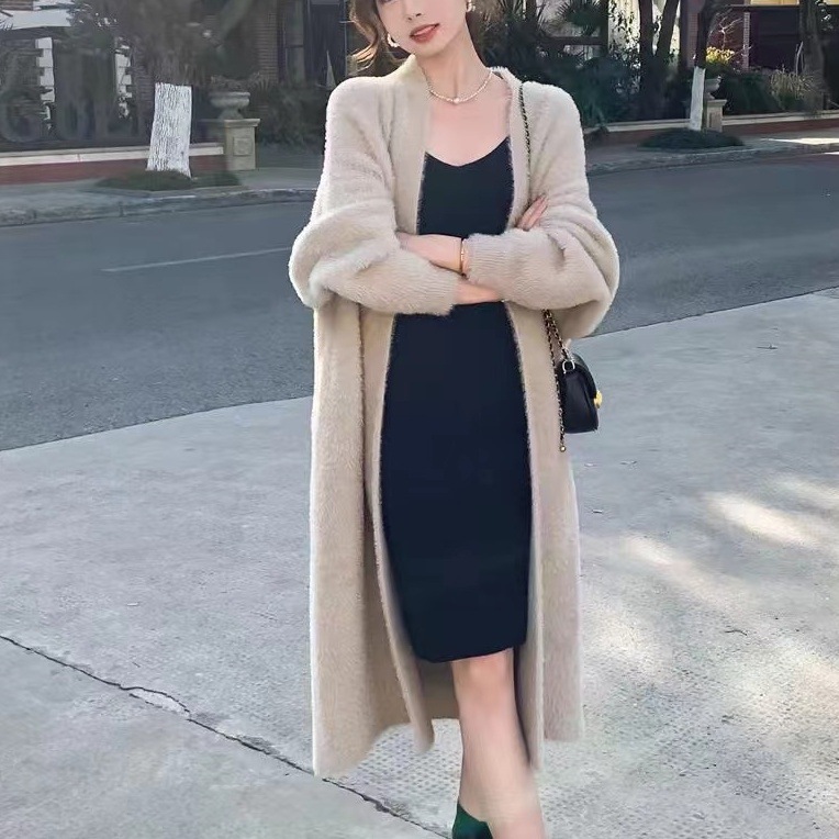Soft Waxy Knitted Cardigan Sweater Women's Autumn and Winter New Loose plus size Slimming Lazy Style Imitation Mink Velvet Long Coat