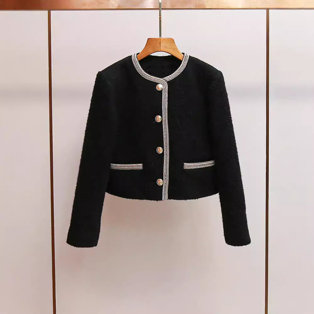 S's New Autumn and Winter French Style High-End Small Fragrant Tweed Rhinestone Gold Edge Round Neck Right Shoulder Short Outwear
