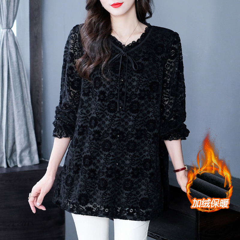 Spring and autumn new lace open sleeve long sleeve plus velvet large size loose base small shirt top mother middle-aged and elderly women's wear