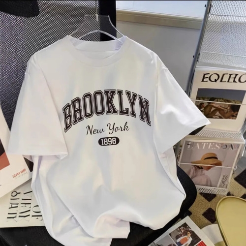 100% Cotton White Letter Print Short Sleeve T-Shirt for Women - Summer 2025 New Arrival Streetwear Loose Fit Versatile Top