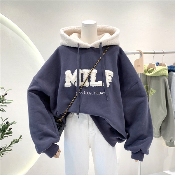 Damenbekleidung Lammfell Kapuzenpullover Damen locker Herbst und Winter plus Samt verdickt_voghion.com