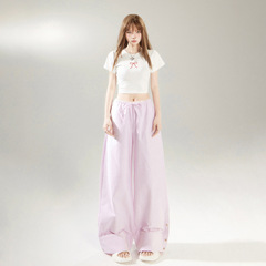 オレンジシルクの女性服 # ブルールーズレイジー巾着カジュアルパンツ女性の夏の新しいスタイルドレープフレアフロアモップワイドレッグパンツ