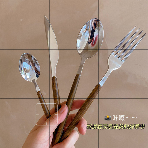 Tableware knife fork spoon stainless steel wood grain handle steak knife dessert trendy tableware spoon fork student tableware
