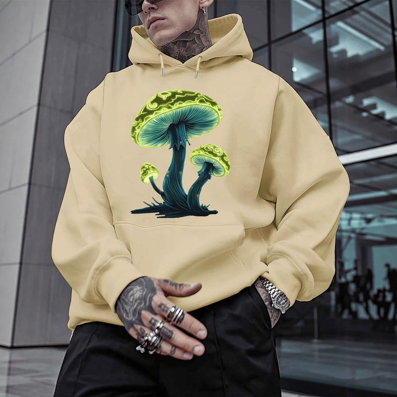 Psychedelic Fluorescent Mushroom Print Hooded Sweatshirt, Hemp Gray Loose-Fitting Drop-Shoulder American Street Style Unisex Jacket Psychedelic Fluorescent Mushroom Print Hooded Sweatshirt, Hemp Gray Loose-Fitting Drop-Shoulder American Street Style Unisex Jacket