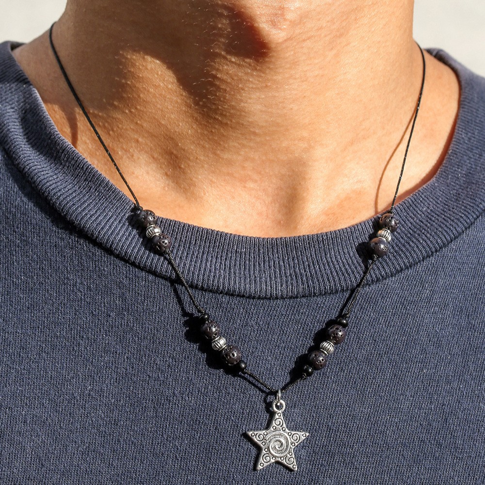 Retro Five Pointed Star Pendant Necklace For Men Volcanic Stone_voghion.com