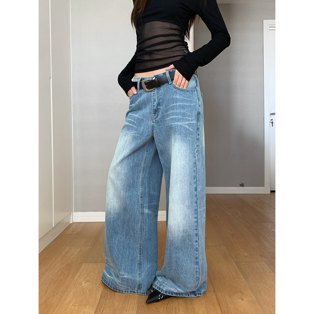 Dorothy Lazy Retro Crease Distressed Washed Jeans Loose Slimming Look Draped Floor-Length High-Waisted Wide-Leg Pants for Women