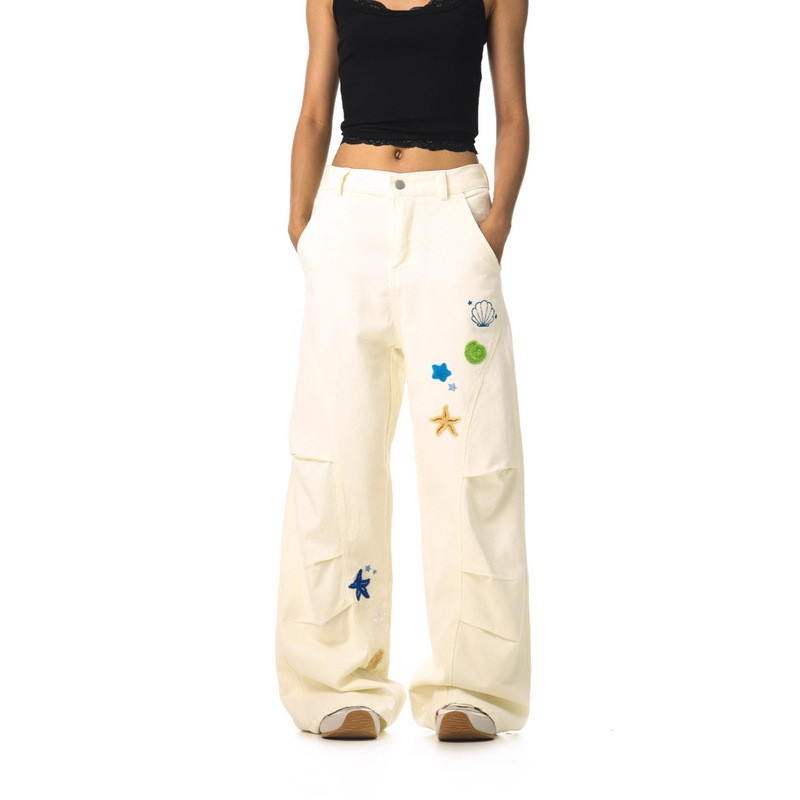 American Cartoon Starfish Embroidered Scimitar Casual Cargo Pants for Women Spring and Autum Loose Straight High-Waisted Wide-Leg Pants